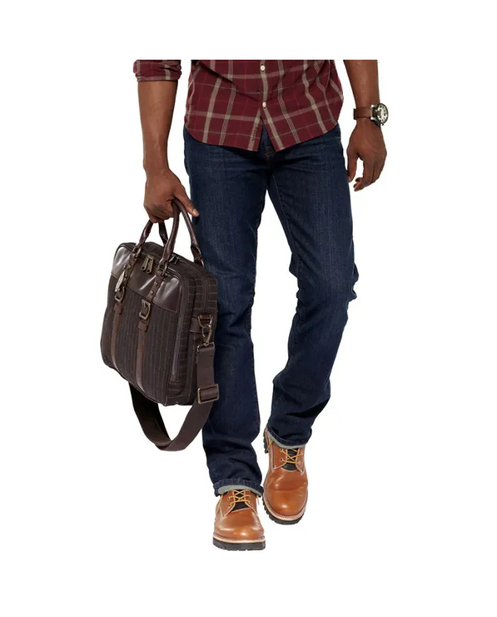 Fossil Cartella 2 manici in tessuto panno effetto rigato e cuoio, Fossil. Testa moro