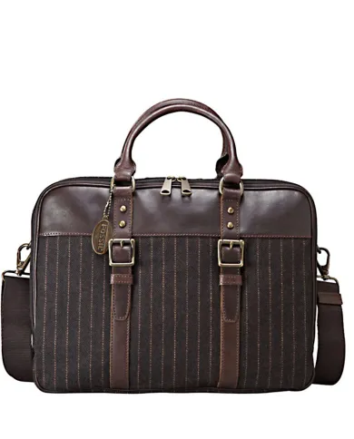 Fossil Cartella 2 manici in tessuto panno effetto rigato e cuoio, Fossil. Testa moro