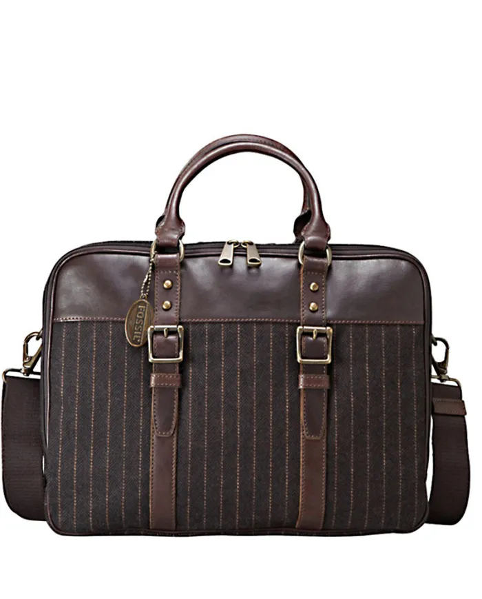 Fossil Cartella 2 manici in tessuto panno effetto rigato e cuoio, Fossil. Testa moro