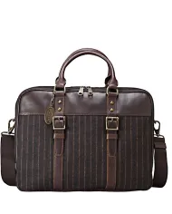 Fossil Cartella 2 manici in tessuto panno effetto rigato e cuoio, Fossil. Testa moro