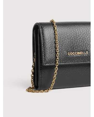 Coccinelle Portafoglio piccolo in pelle con tracolla Metallic Soft Nero