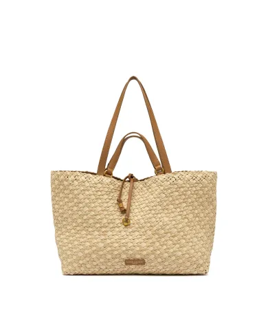 Gianni Chiarini Borsa a Mano Mercy in Canvas e Paglia Intrecciata Beige