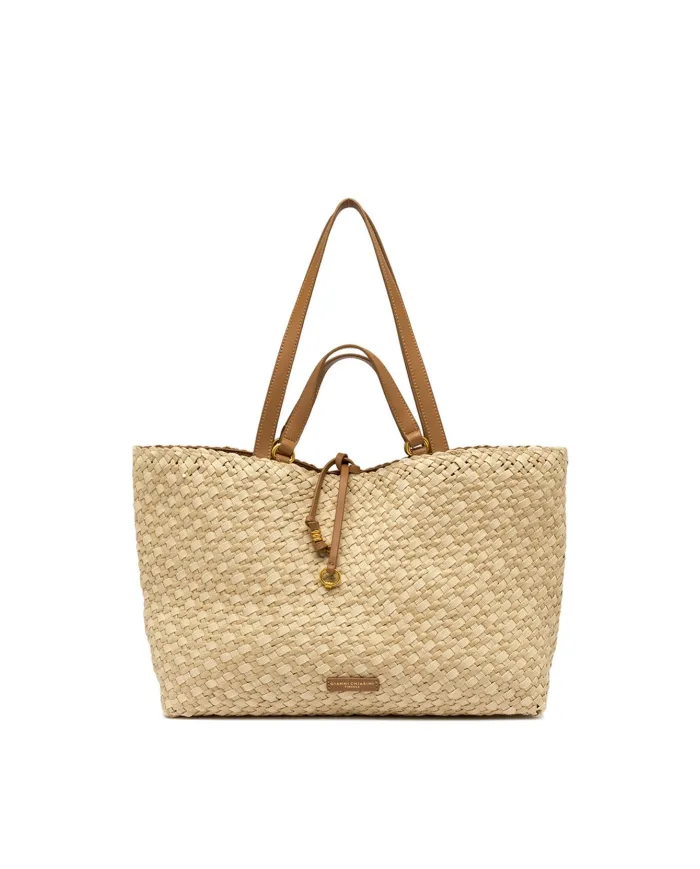 Gianni Chiarini Borsa a Mano Mercy in Canvas e Paglia Intrecciata Beige