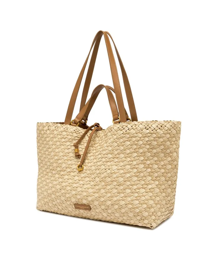 Gianni Chiarini Borsa a Mano Mercy in Canvas e Paglia Intrecciata Beige