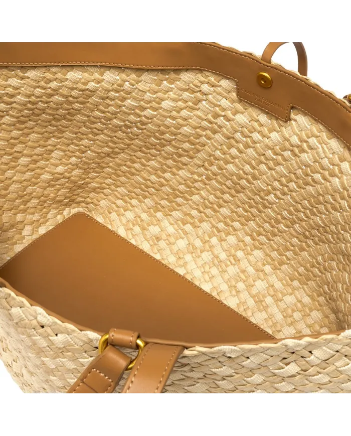 Gianni Chiarini Borsa a Mano Mercy in Canvas e Paglia Intrecciata Beige