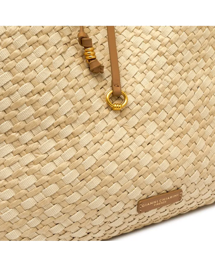 Gianni Chiarini Borsa a Mano Mercy in Canvas e Paglia Intrecciata Beige