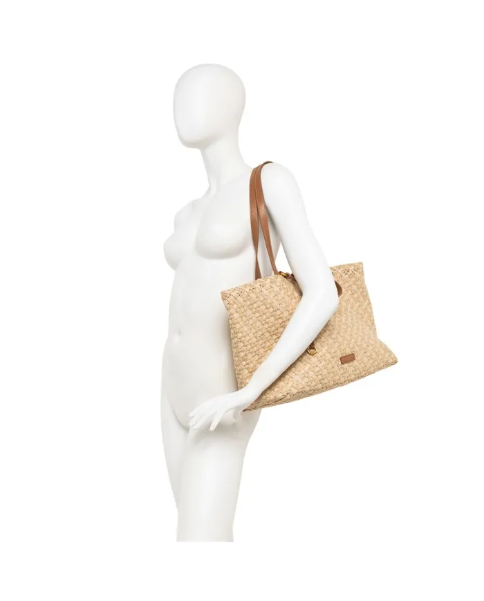 Gianni Chiarini Borsa a Mano Mercy in Canvas e Paglia Intrecciata Beige