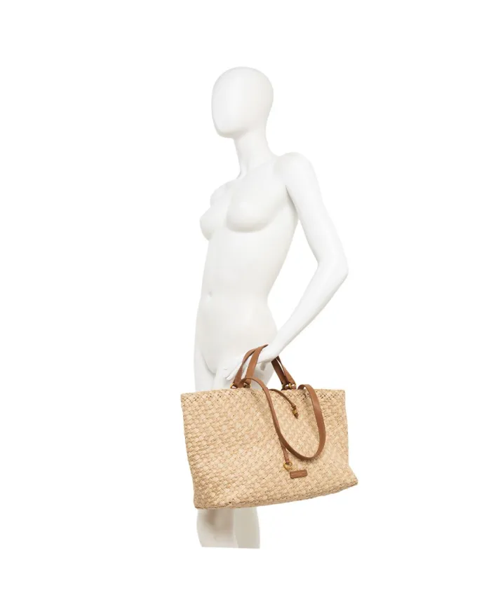 Gianni Chiarini Borsa a Mano Mercy in Canvas e Paglia Intrecciata Beige