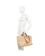 Gianni Chiarini Borsa a Mano Mercy in Canvas e Paglia Intrecciata Beige