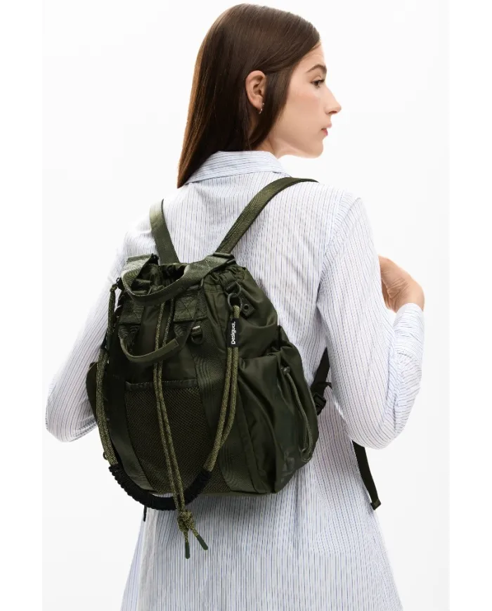 Desigual Borsa Secchiello in Tessuto Cerato Vintage – Tracolla e Zainetto 2 in 1 con Tasche Multiple Verde