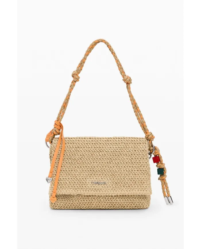 Desigual Borsa tracolla in rafia con patta Bianco
