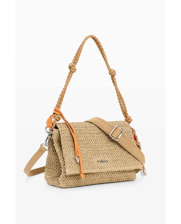 Desigual Borsa tracolla in rafia con patta Bianco