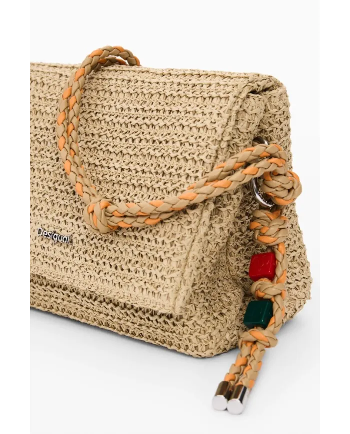 Desigual Borsa tracolla in rafia con patta Bianco