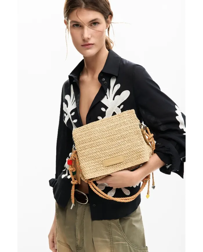 Desigual Borsa tracolla in rafia con patta Bianco