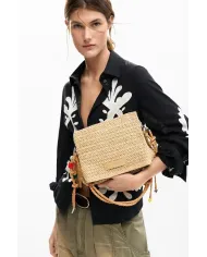 Desigual Borsa tracolla in rafia con patta Bianco