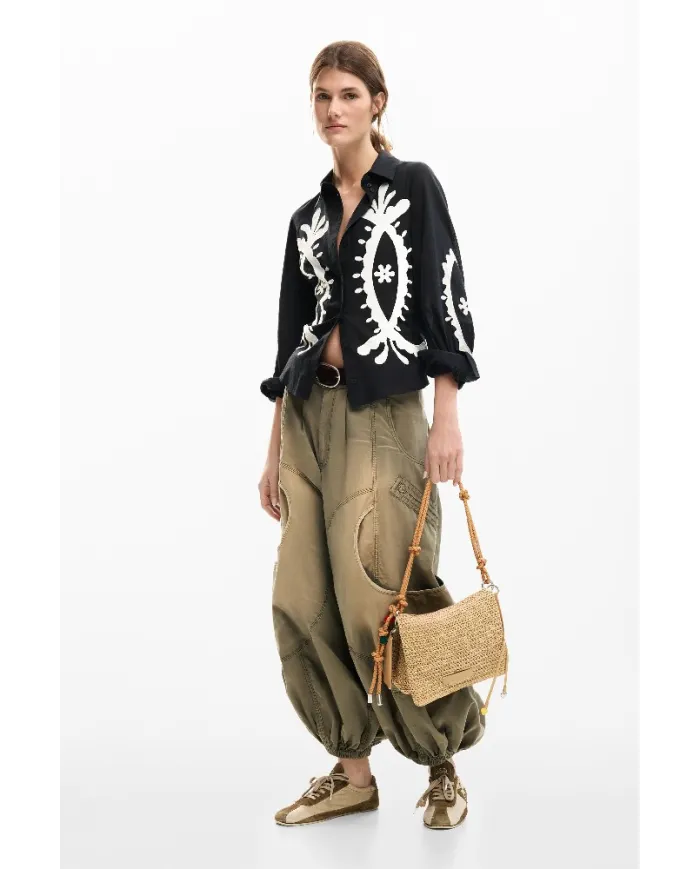 Desigual Borsa tracolla in rafia con patta Bianco