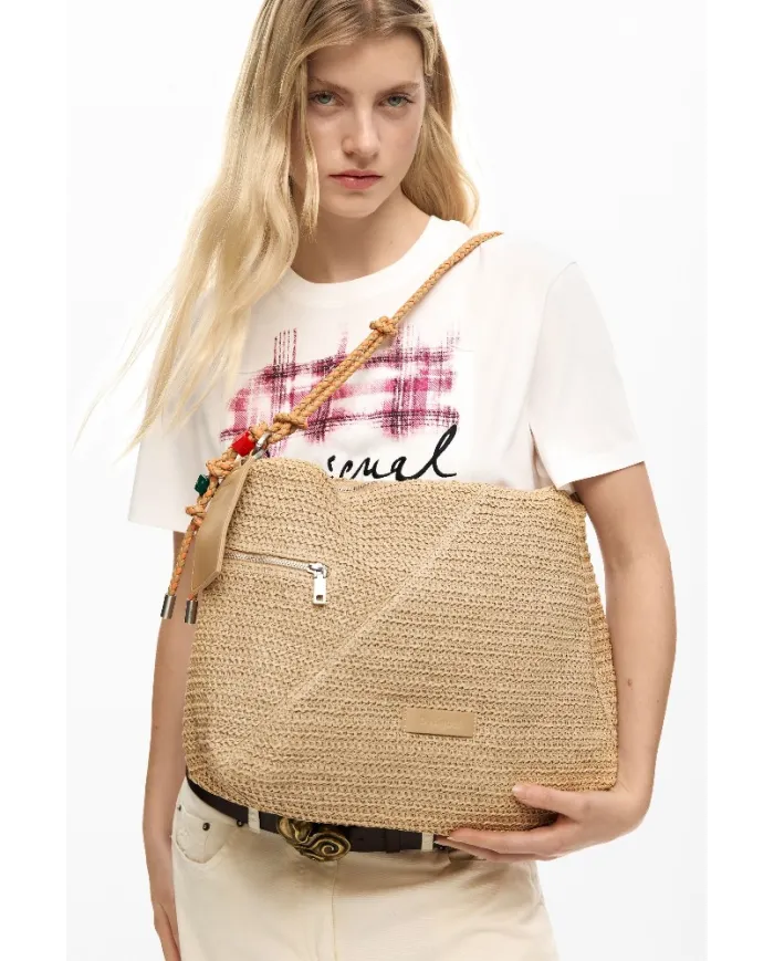 Desigual Borsa tracolla grande in rafia Bianco