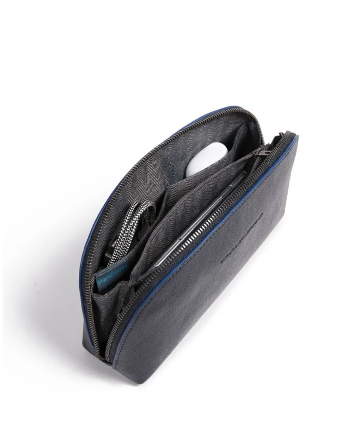 Piquadro Pochette porta cavi in pelle Blue square special