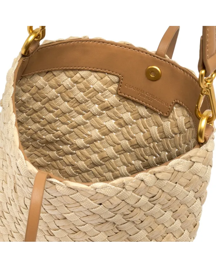 Gianni Chiarini Borsa a Spalla Mercy in Canvas e Paglia Beige
