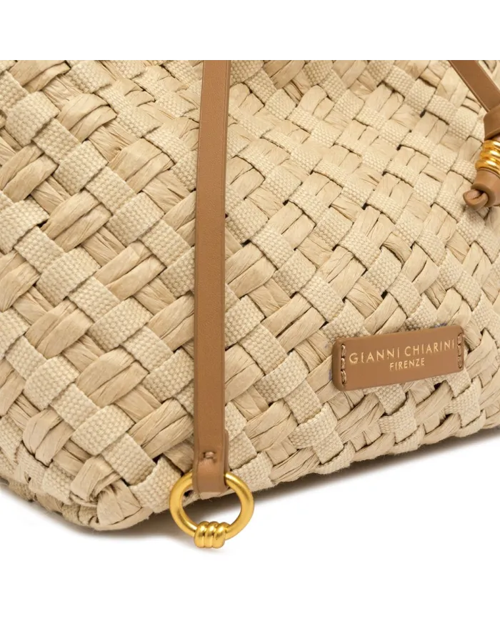 Gianni Chiarini Borsa a Spalla Mercy in Canvas e Paglia Beige