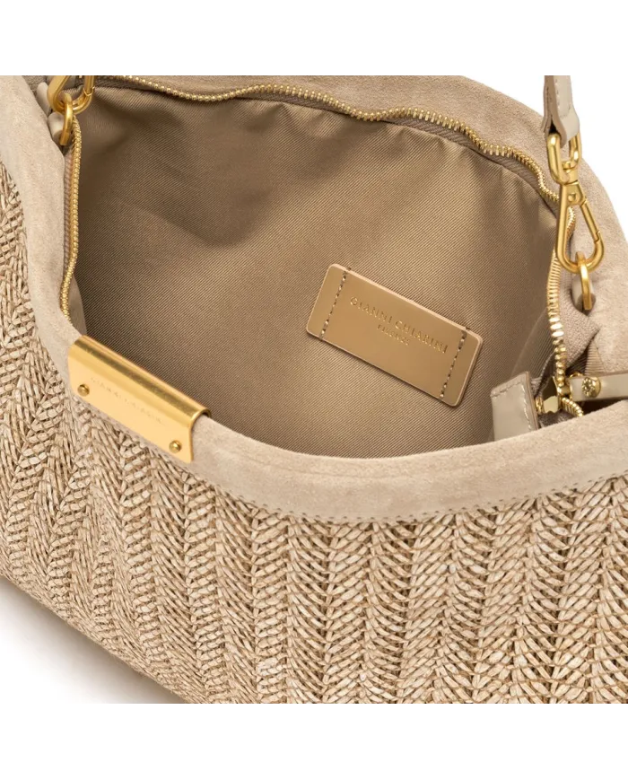 Gianni Chiarini Pochette Grande Marigold in Paglia e Suede | Borsa a Spalla Sabbia