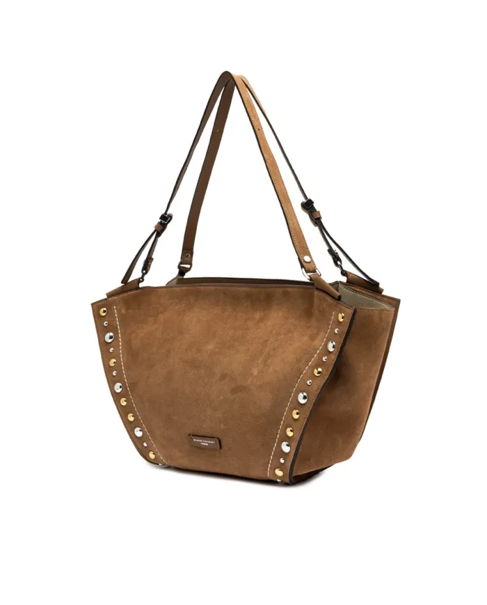 Gianni Chiarini Borsa Shopping Bloom in Pelle Scamosciata con Maxi Borchie Cuoio