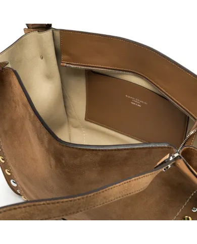 Gianni Chiarini Borsa Shopping Bloom in Pelle Scamosciata con Maxi Borchie Cuoio