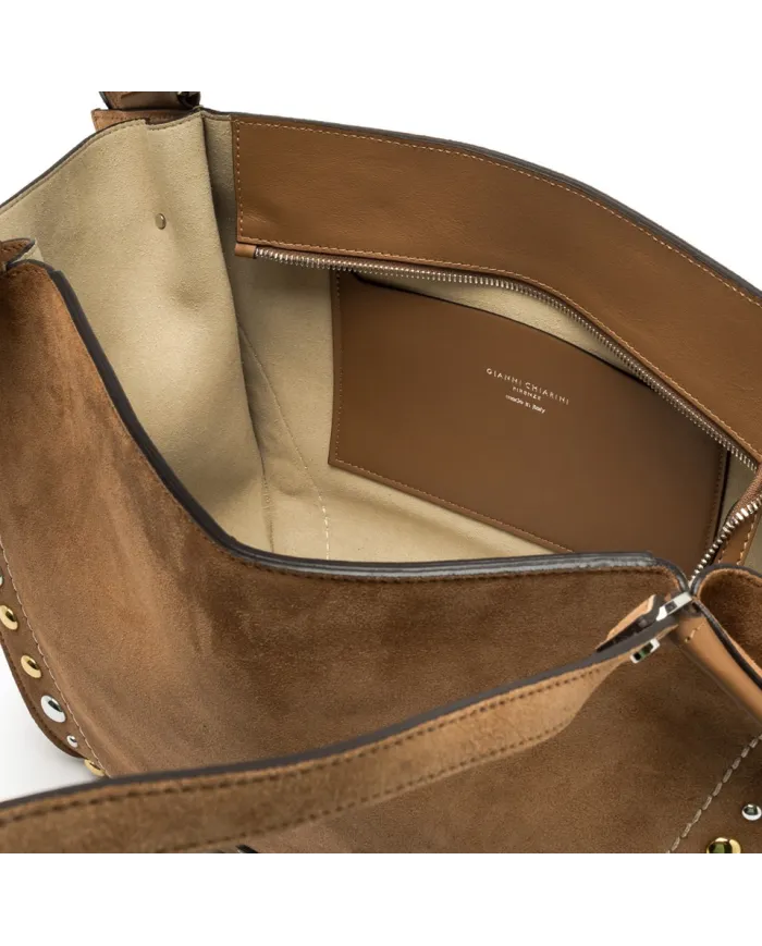 Gianni Chiarini Borsa Shopping Bloom in Pelle Scamosciata con Maxi Borchie Cuoio