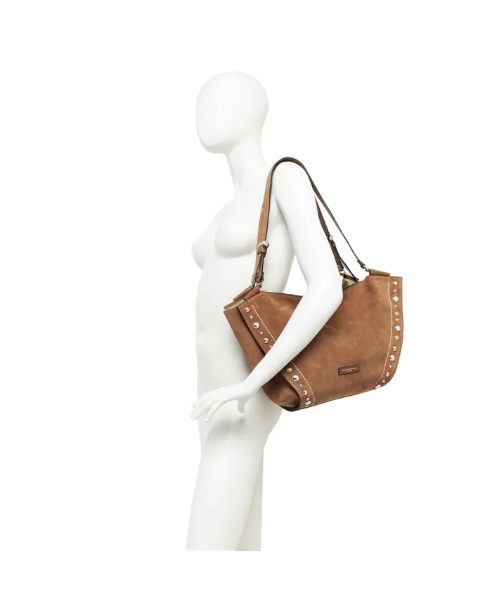 Gianni Chiarini Borsa Shopping Bloom in Pelle Scamosciata con Maxi Borchie Cuoio