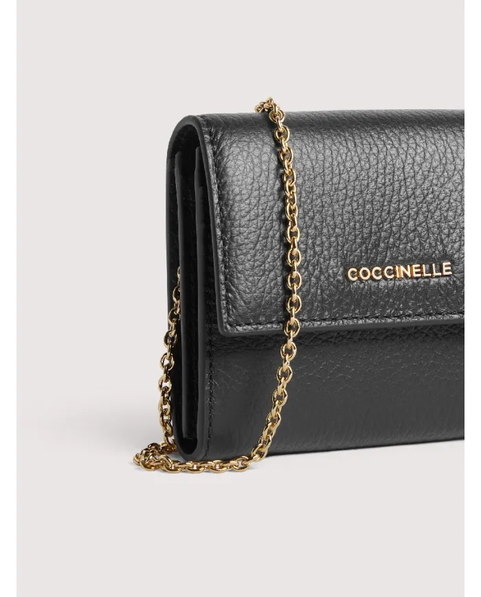 Coccinelle Portafoglio piccolo in pelle con tracolla Metallic Soft Nero