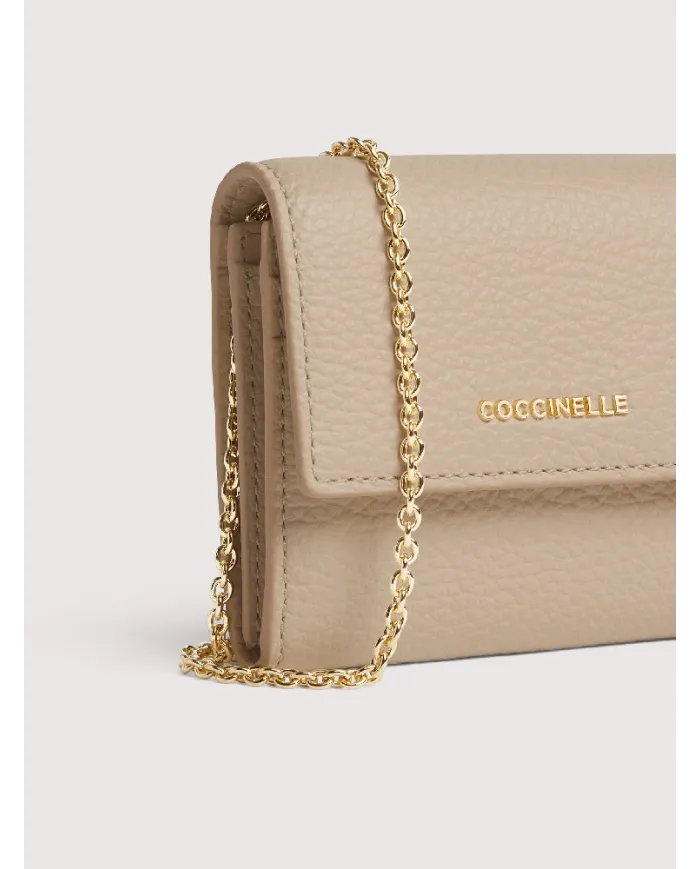 Coccinelle Portafoglio piccolo in pelle con tracolla Metallic Soft Beige