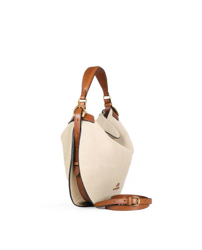 La Martina Borsa Hobo a spalla Luna in Camoscio e Cuoietto Beige/Cuoio
