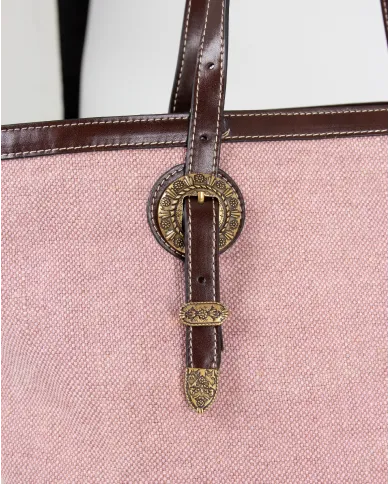 La Martina Shopping Bag Gaucho in Canvas Effetto Lino con Borchie Rosa