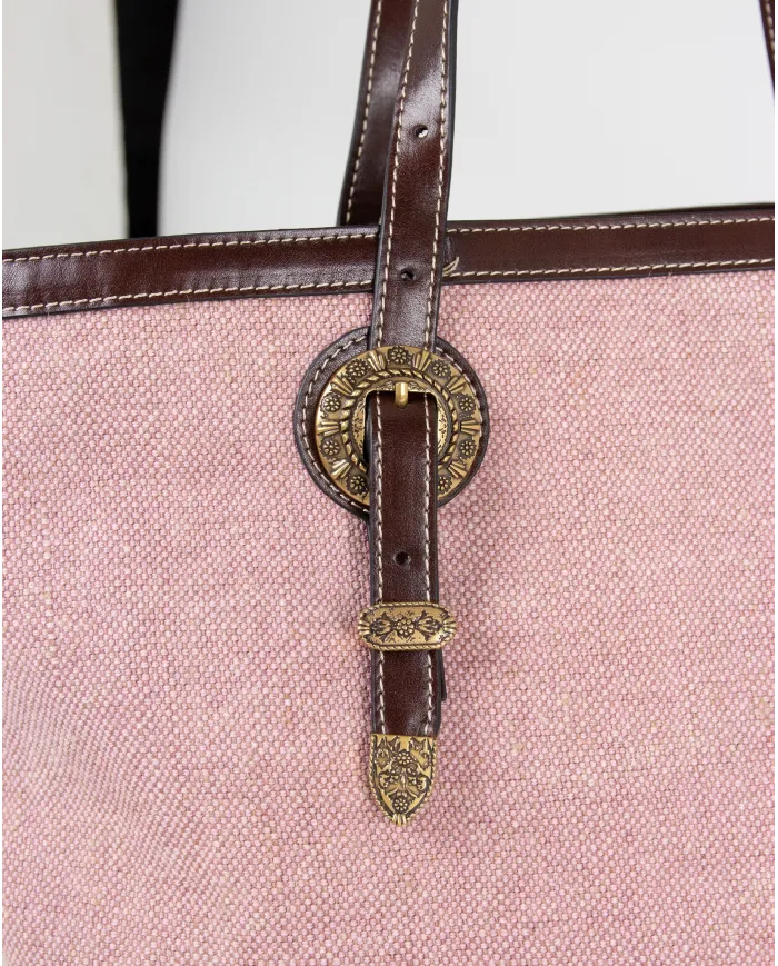 La Martina Shopping Bag Gaucho in Canvas Effetto Lino con Borchie Rosa