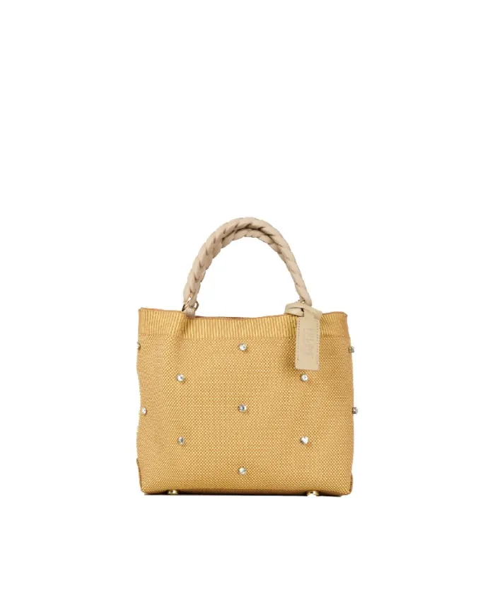 FRI-YAY Mini Borsa a Mano con Strass e Tracolla Cammello