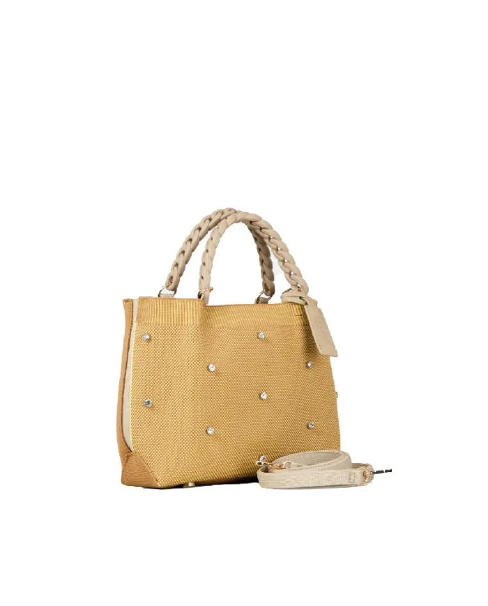FRI-YAY Mini Borsa a Mano con Strass e Tracolla Cammello