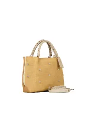 FRI-YAY Mini Borsa a Mano con Strass e Tracolla Cammello