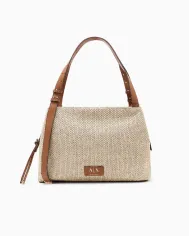 Armani Exchange Borsa Grande a Tracolla in Rafia Beige/Cuoio
