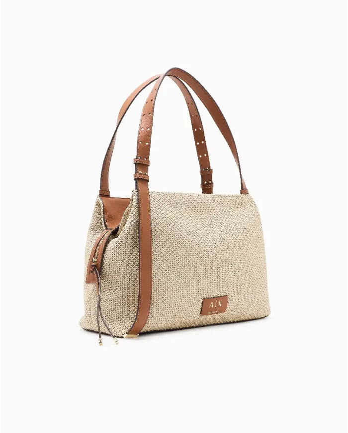 Armani Exchange Borsa Grande a Tracolla in Rafia Beige/Cuoio