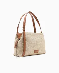 Armani Exchange Borsa Grande a Tracolla in Rafia Beige/Cuoio