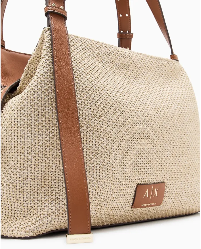 Armani Exchange Borsa Grande a Tracolla in Rafia Beige/Cuoio
