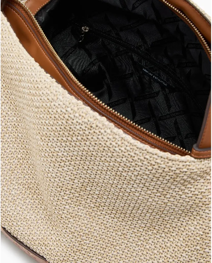 Armani Exchange Borsa Grande a Tracolla in Rafia Beige/Cuoio