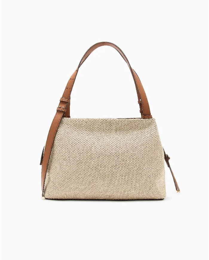 Armani Exchange Borsa Grande a Tracolla in Rafia Beige/Cuoio