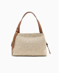 Armani Exchange Borsa Grande a Tracolla in Rafia Beige/Cuoio