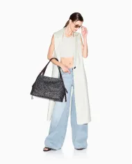Armani Exchange Borsa Grande a Tracolla in Rafia Beige/Cuoio