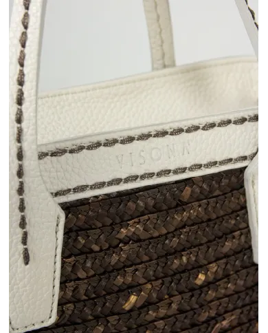 Visona Borsa piccola paglia intrecciata e pelle Testa moro/Bianco