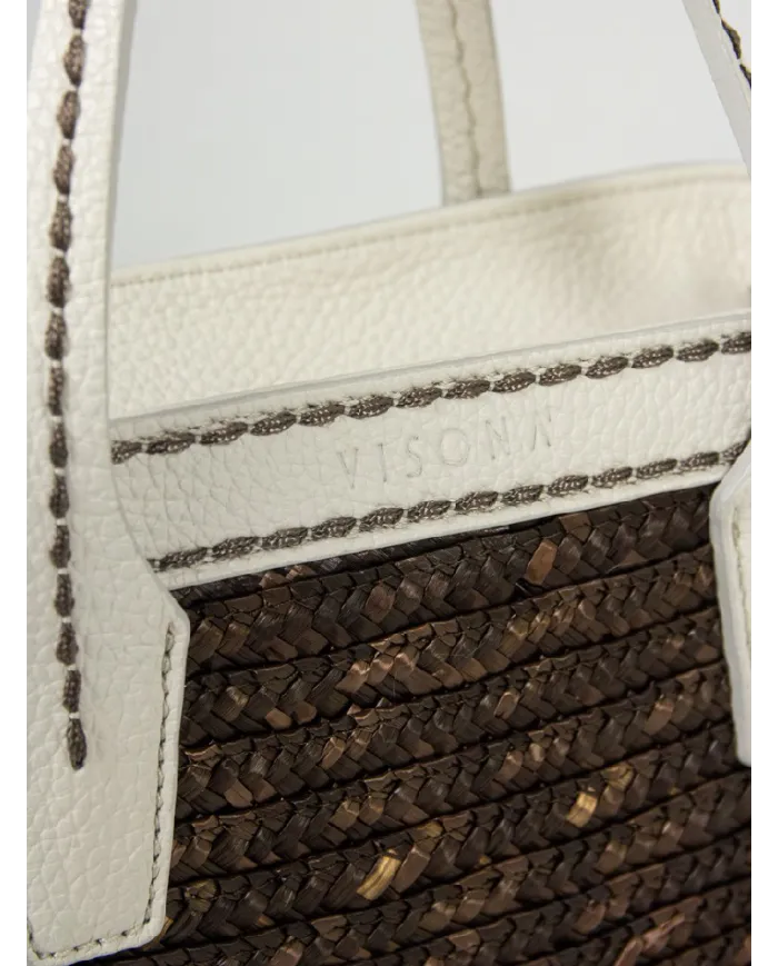 Visona Borsa piccola paglia intrecciata e pelle Testa moro/Bianco